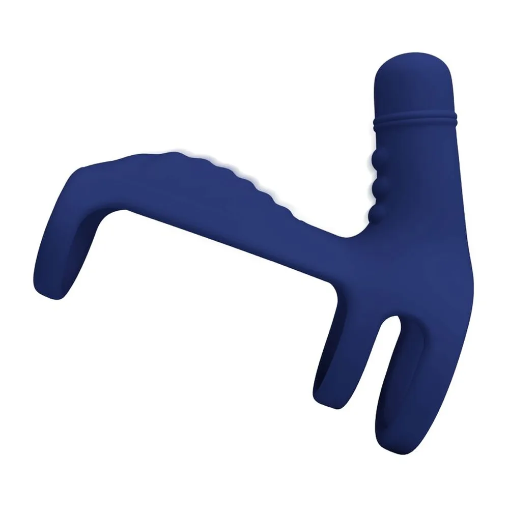Anneau vibrant bleu marine en silicone avec harnais enveloppant la tige, compartiment de batterie visible, capuchon magnétique détaché, sur fond blanc avec indication batterie AAA