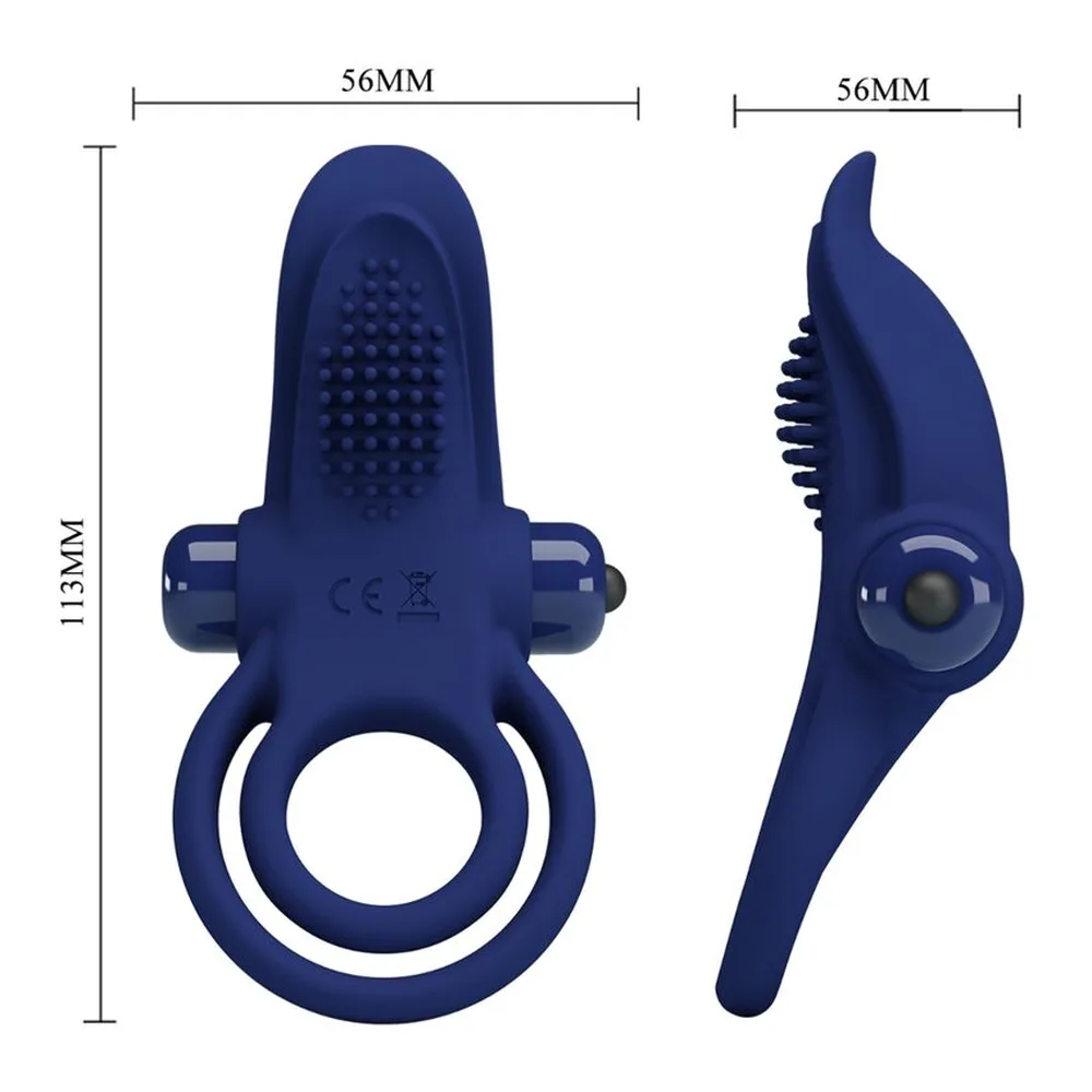 Cockring Bronson en silicone bleu marine avec surface texturée, boucle ergonomique, moteur rotatif visible, accompagné de sa batterie AAA et symboles de commandes +/-