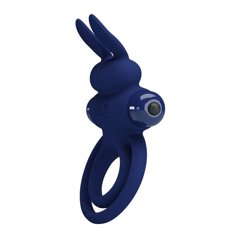 Anneau vibrant bleu marine en silicone avec tête de lapin ornementale et double anneau, bouton de commande ON/OFF visible sur le côté