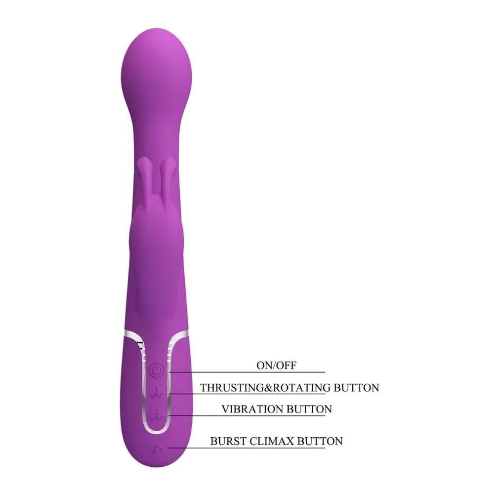 Vibromasseur lapin en silicone violet avec tête arrondie, corps effilé et stimulateur clitoridien en forme d'oreilles, sur fond blanc