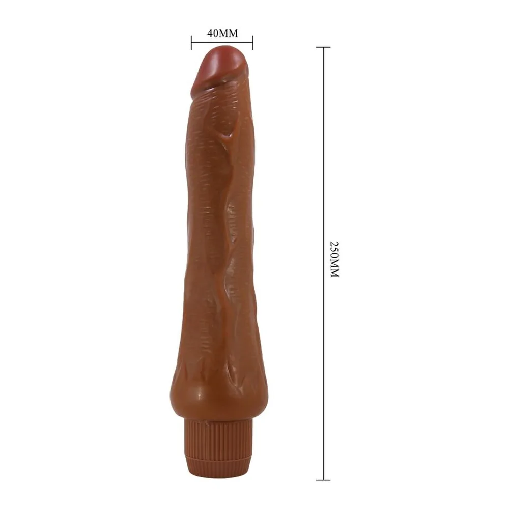 Vibromasseur réaliste en silicone marron mat, forme allongée et fine, embout arrondi, avec moteur vibrant visible et capuchon de rangement assorti, fonctionnement à 2 piles AA