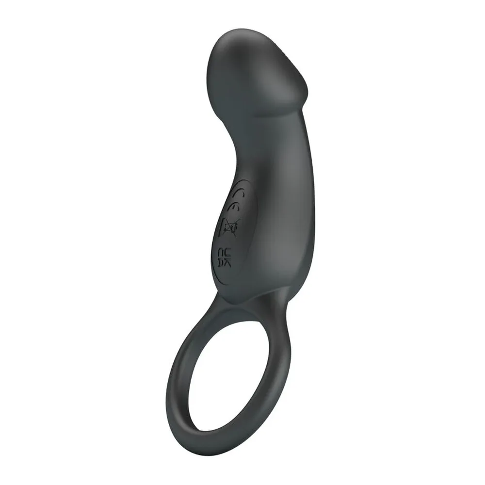 Anneau vibrant en silicone noir avec bras stimulateur nervuré et anneau de maintien, sur fond blanc