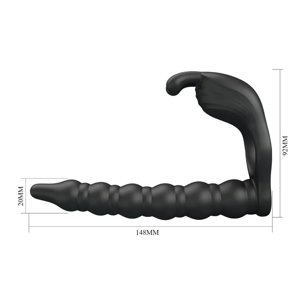 Cockring noir en silicone avec bras prostatique ondulé et stimulateur clitoridien blanc, vue de profil sur fond blanc