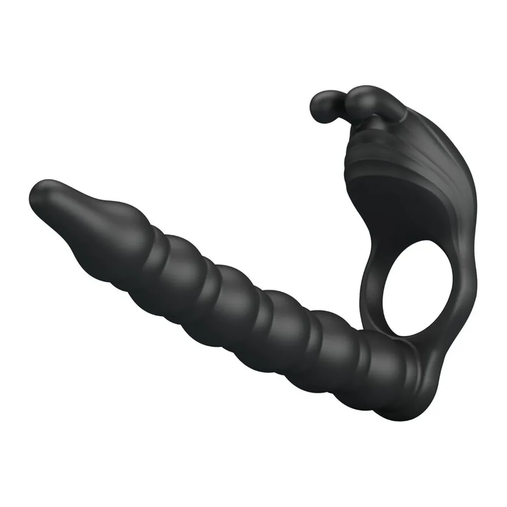 Cockring noir en silicone avec bras prostatique ondulé et stimulateur clitoridien blanc, vue de profil sur fond blanc