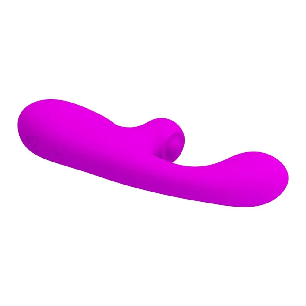 Vibromasseur magenta en silicone avec tête arrondie et tige effilée, fond blanc