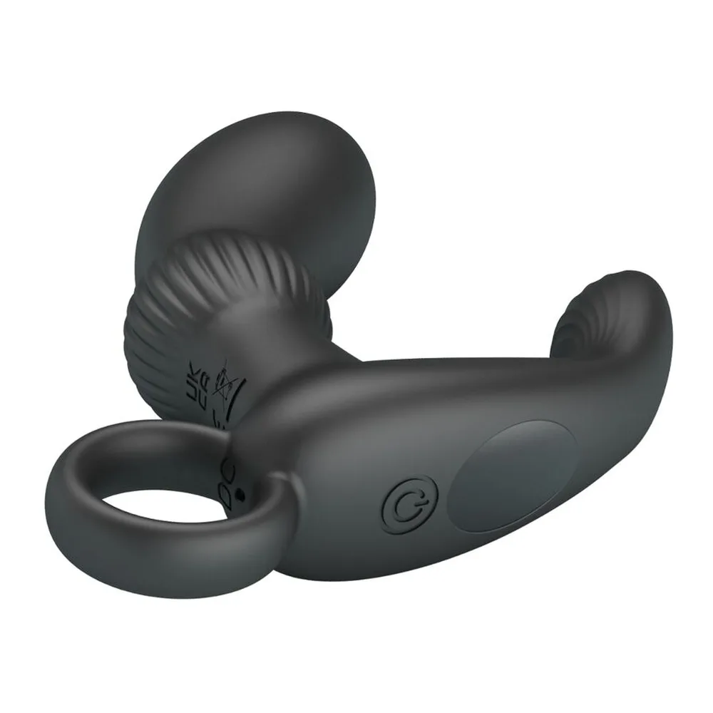 Stimulateur de prostate noir en silicone, forme ergonomique avec branche inférieure courbe, zone striée au centre, sur fond blanc