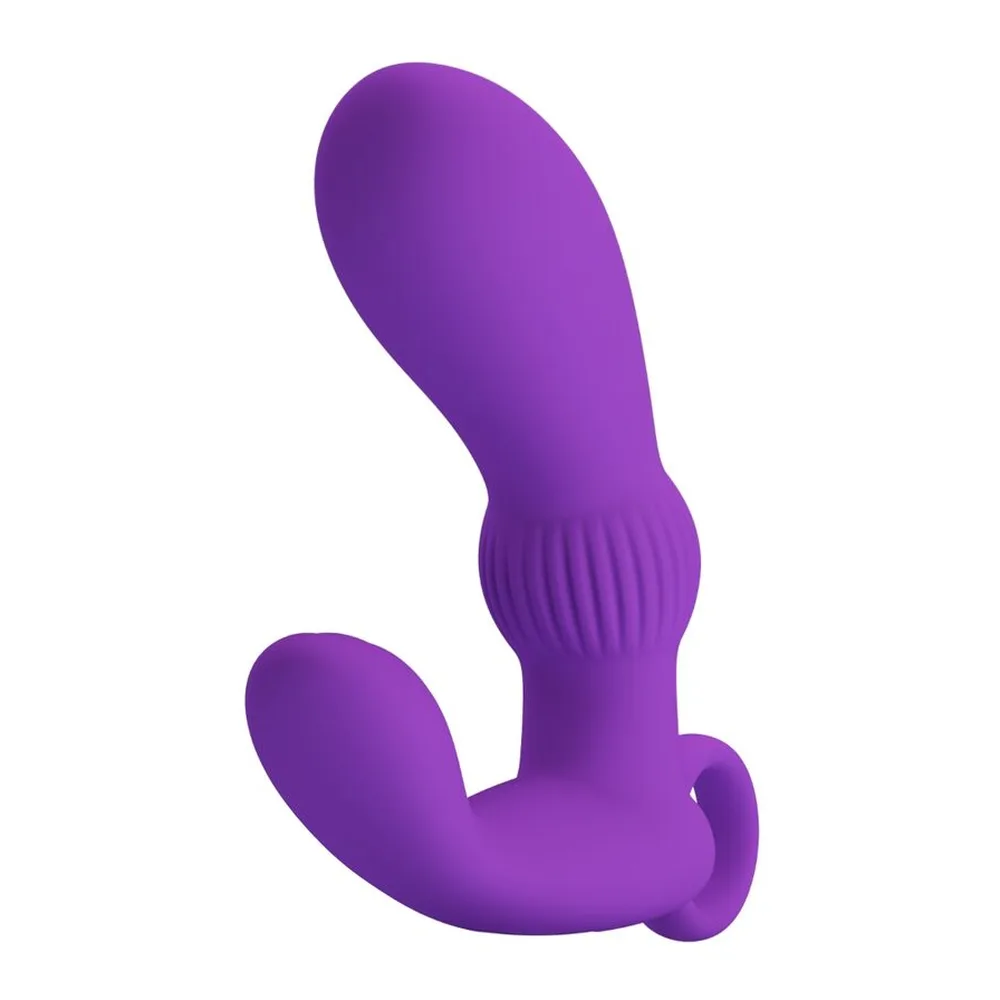 Stimulateur de prostate noir en silicone, forme ergonomique avec branche inférieure courbe, zone striée au centre, sur fond blanc