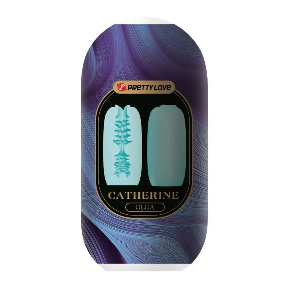 Masturbateur Olga en silicone bleu clair avec gaine amovible, montré en trois vues : fermé, ouvert avec gaine extraite et coque séparée, sur fond blanc