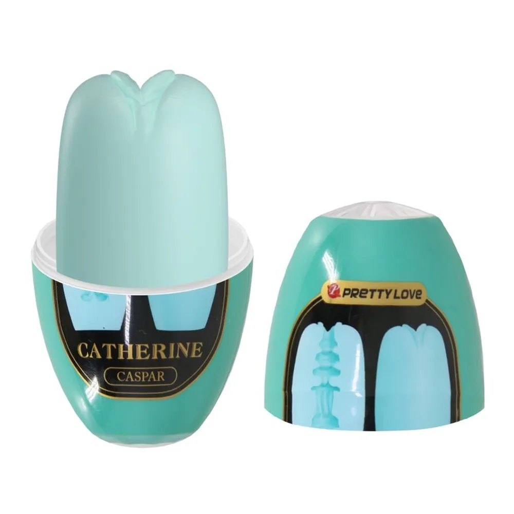 Masturbateur ovale en silicone bleu pâle avec entrée sculptée en relief, surface lisse et brillante