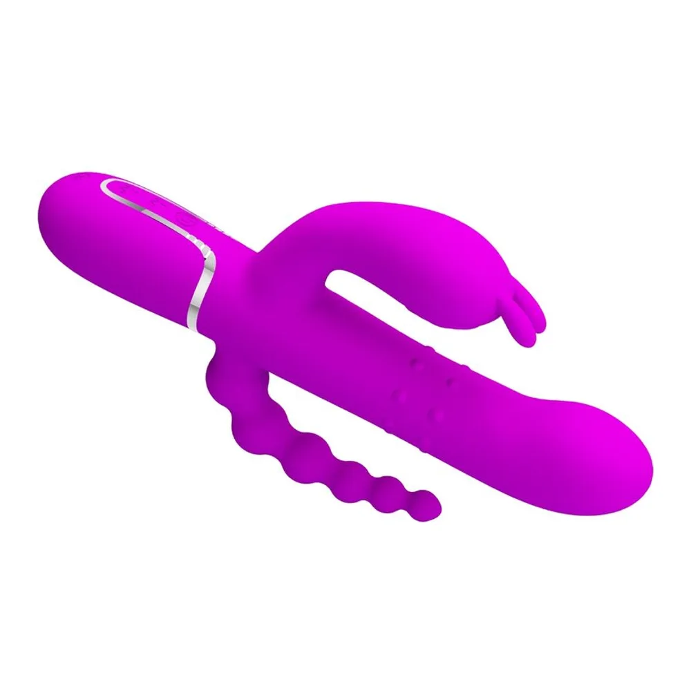 Vibromasseur ergonomique en silicone magenta avec zones de stimulation multiples et poignée contoured sur fond blanc