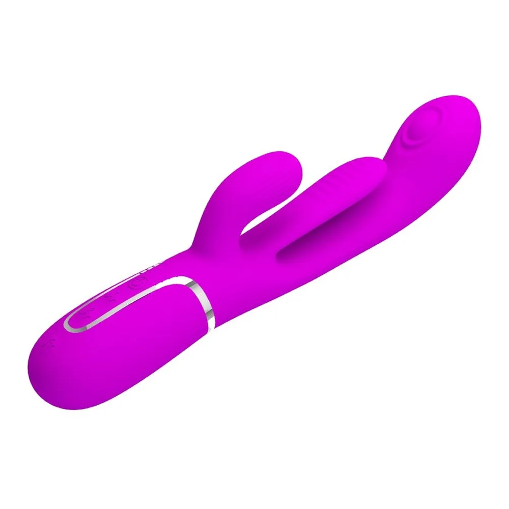 Vibromasseur rabbit en silicone magenta avec tige et deux bras arrondis, zone de commandes en bas, sur fond blanc