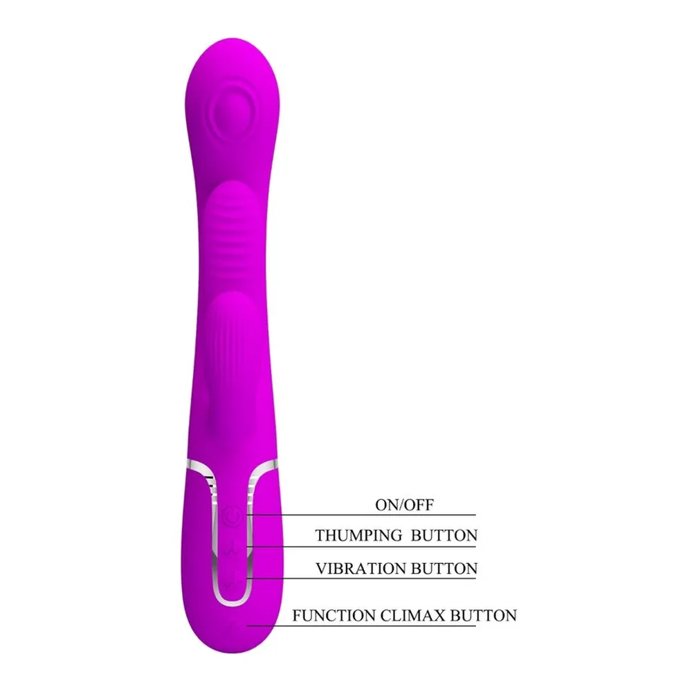 Vibromasseur rabbit en silicone magenta avec tige et deux bras arrondis, zone de commandes en bas, sur fond blanc