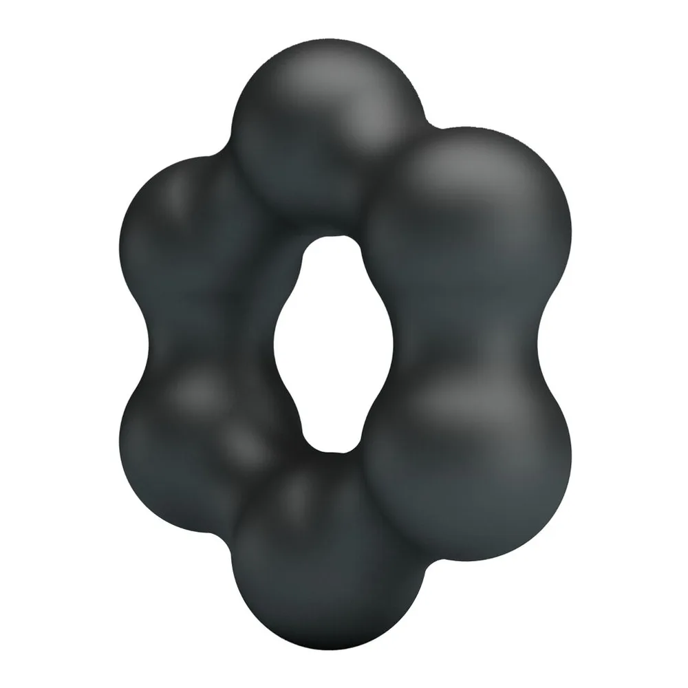 Cockring en silicone noir avec six lobes bombés disposés autour d'une ouverture centrale, sur fond blanc