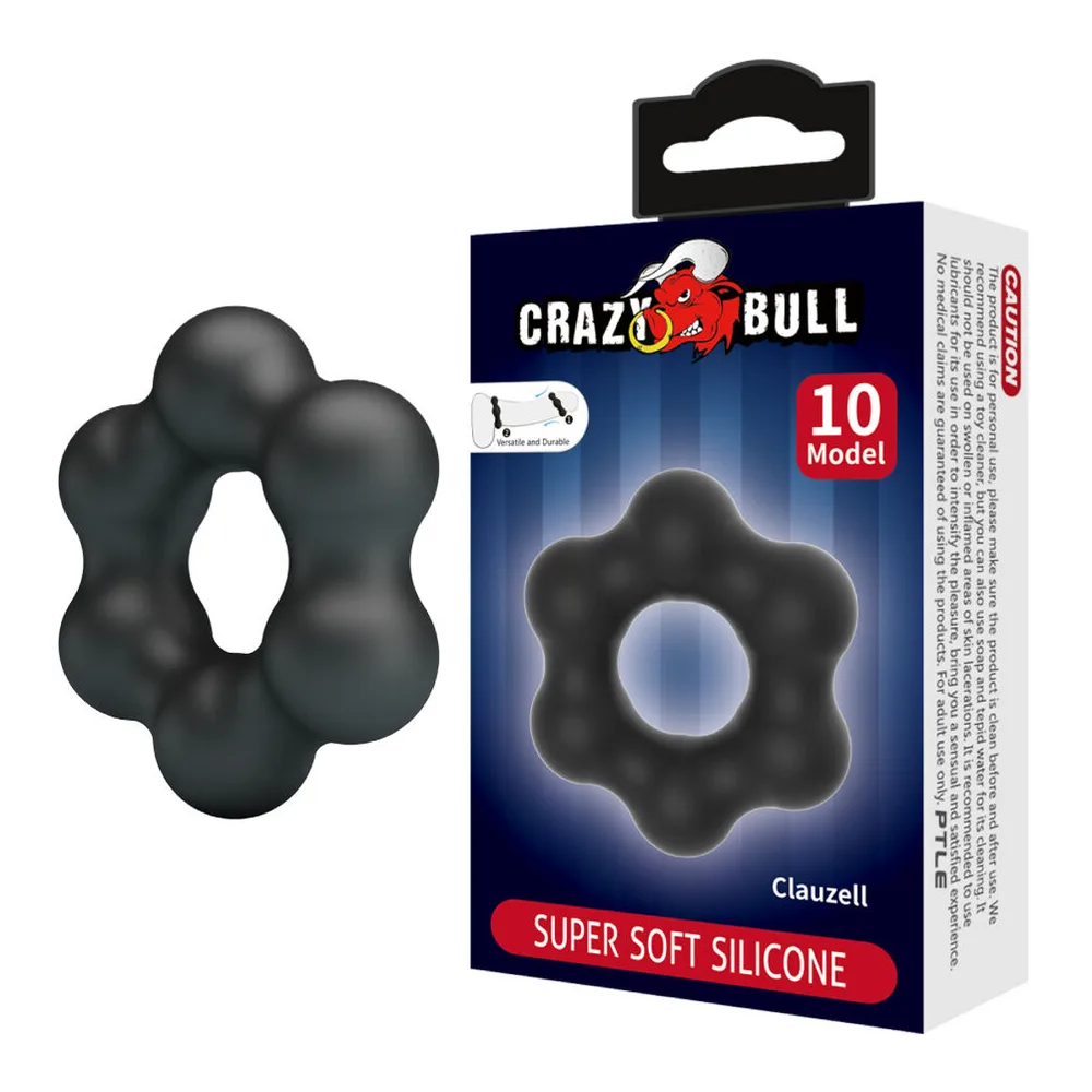 Cockring en silicone noir avec six lobes bombés disposés autour d'une ouverture centrale, sur fond blanc