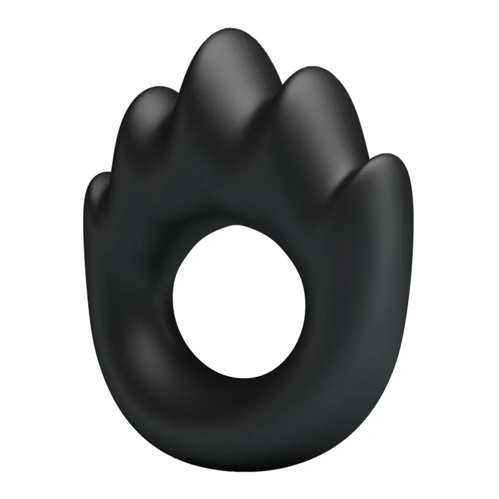 Cockring en silicone noir avec forme ergonomique, quatre bosses en relief et ouverture ajustable, sur fond blanc