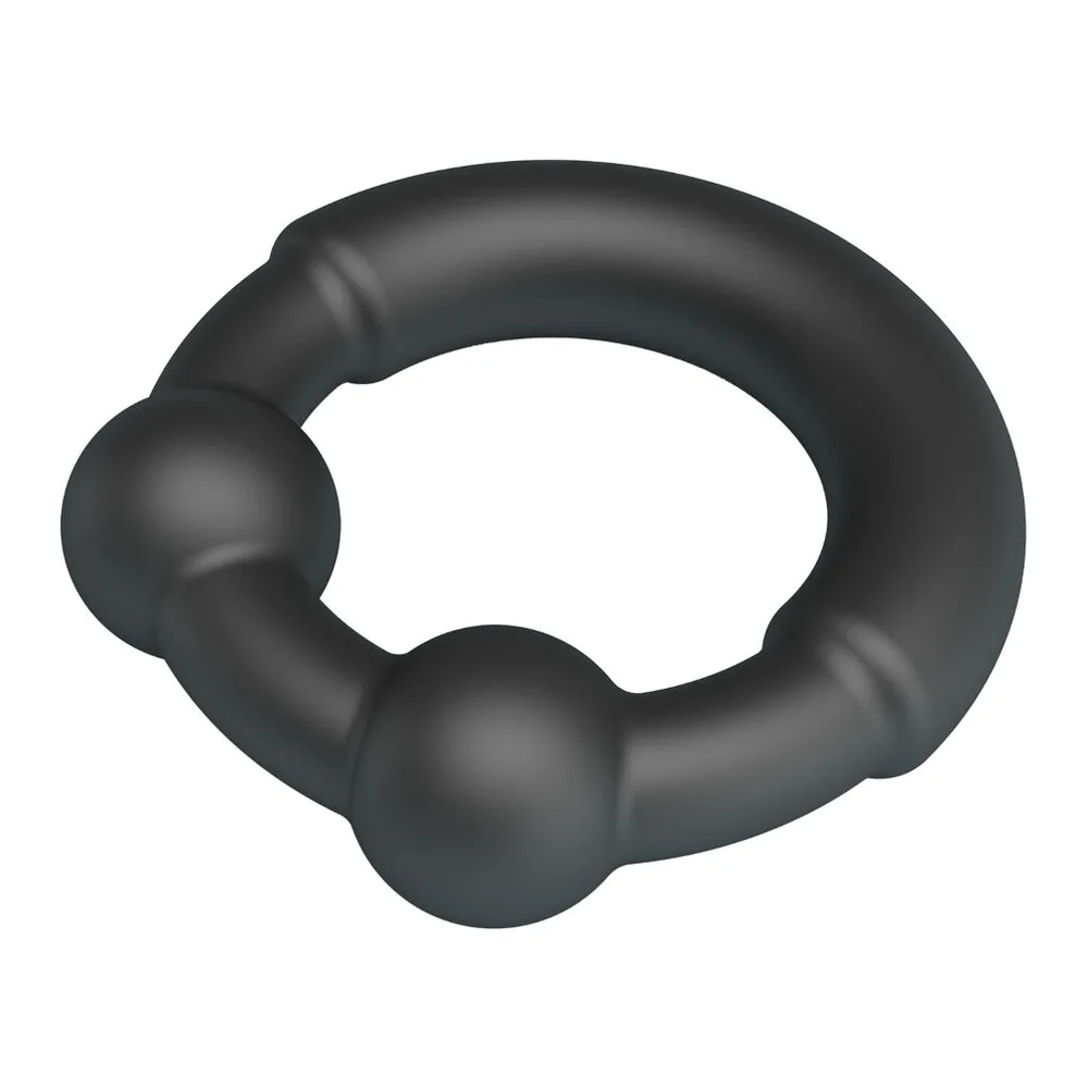 Cockring noir en silicone souple avec deux sphères intégrées, présenté de face sur fond blanc