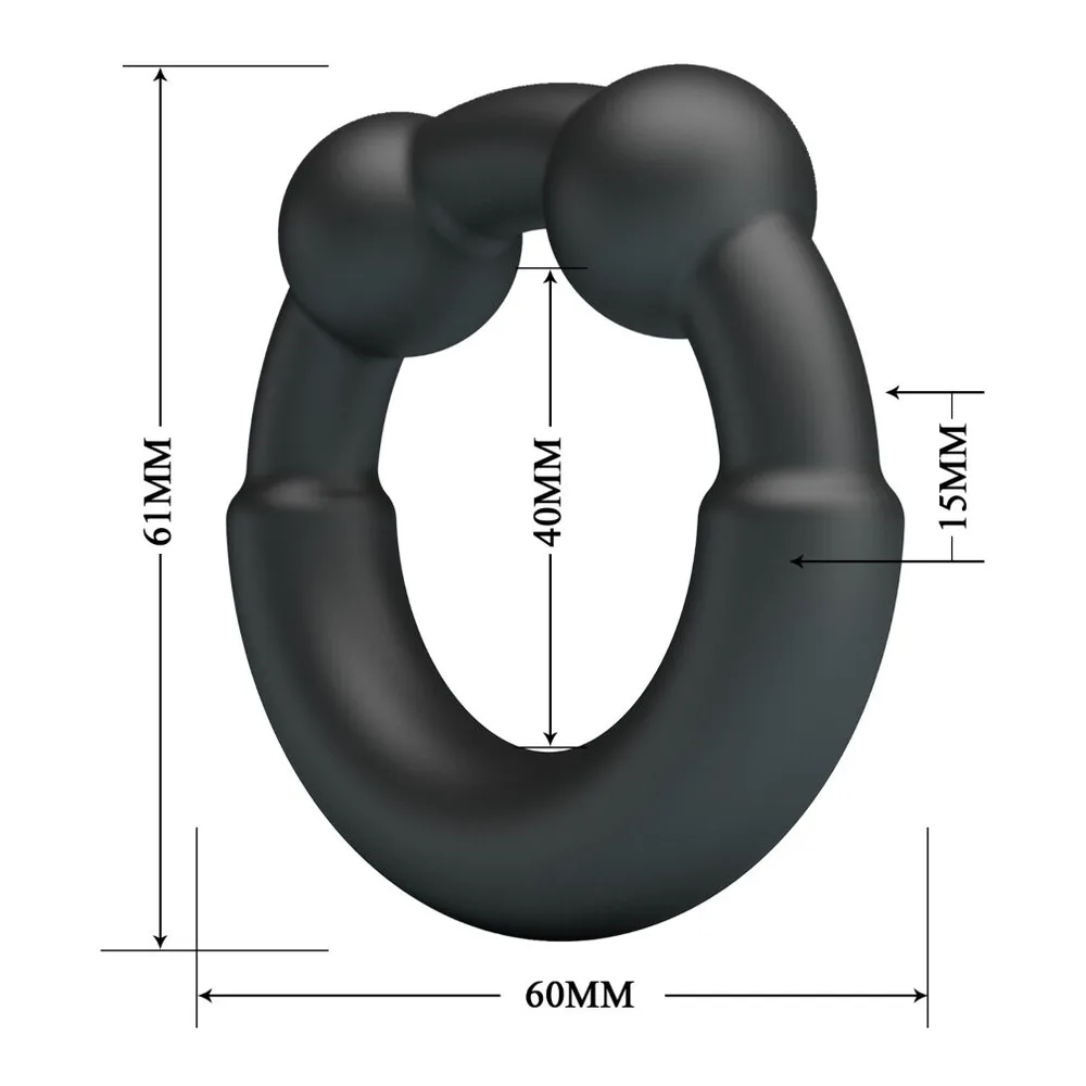 Cockring noir en silicone souple avec deux sphères intégrées, présenté de face sur fond blanc