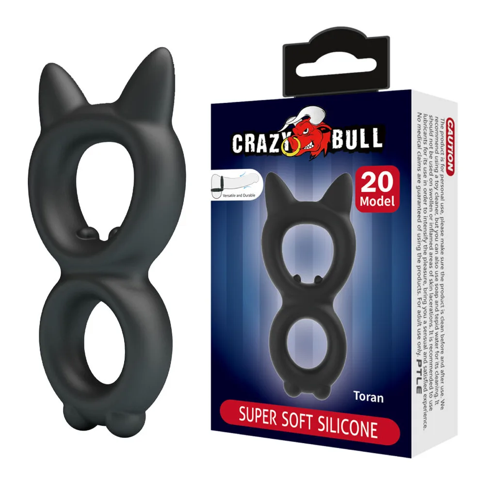 Cockring en silicone noir composé de deux anneaux de diamètres différents reliés entre eux, avec deux petites protubérances latérales, sur fond blanc