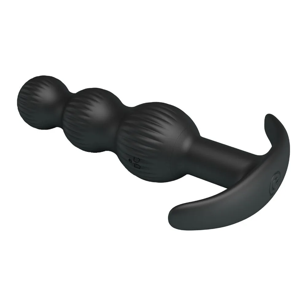 Vibromasseur anal noir en silicone avec trois billes progressives cannelées et base large en forme d'ancre, sur fond blanc
