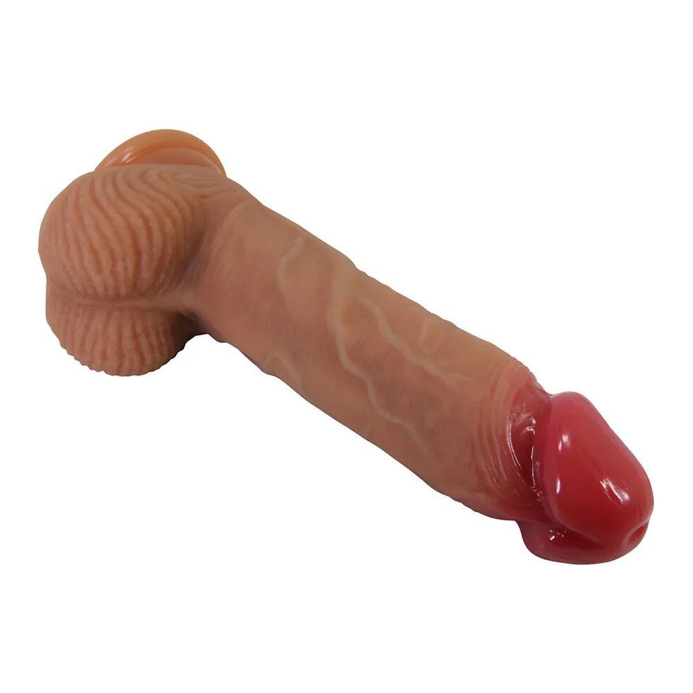 Gode réaliste en silicone brun clair avec tête rouge vif, détails texturés et ventouse plate à la base, sur fond blanc