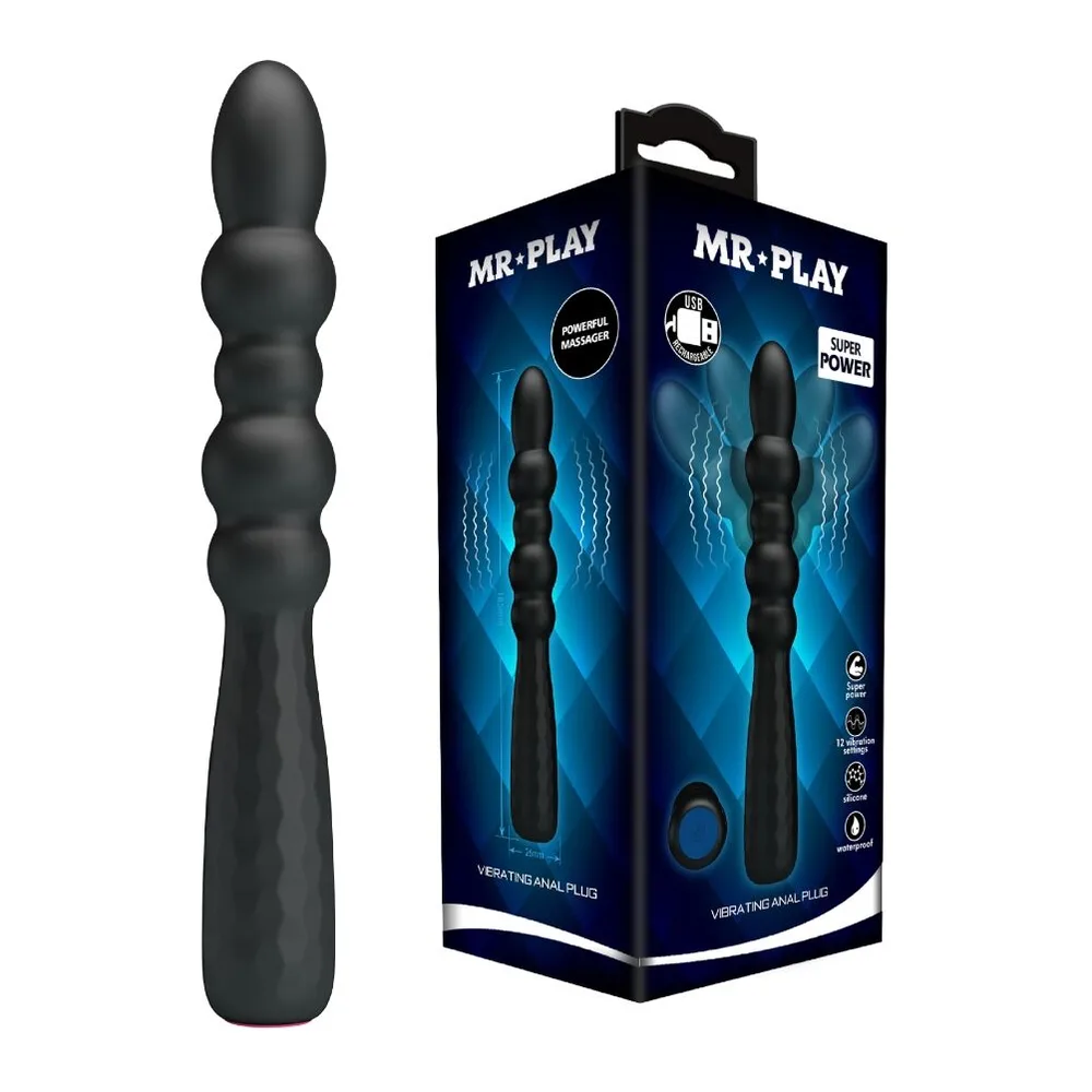 Plug anal en silicone noir avec tige ondulée flexible et embout arrondi, manche rose vif, contrôle DC et marquages de conformité visibles, rechargeable par USB