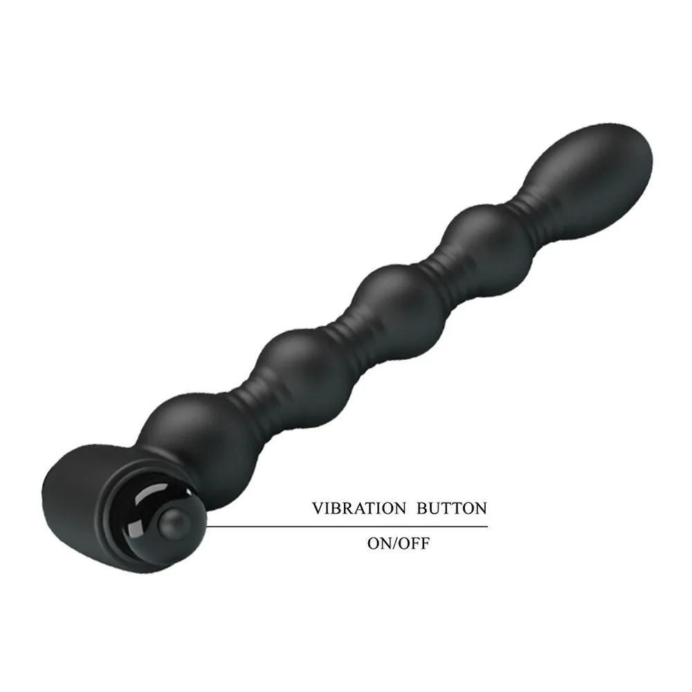 Plug anal en silicone noir avec perles graduées et bouton de commande de vibration en bas, fond blanc