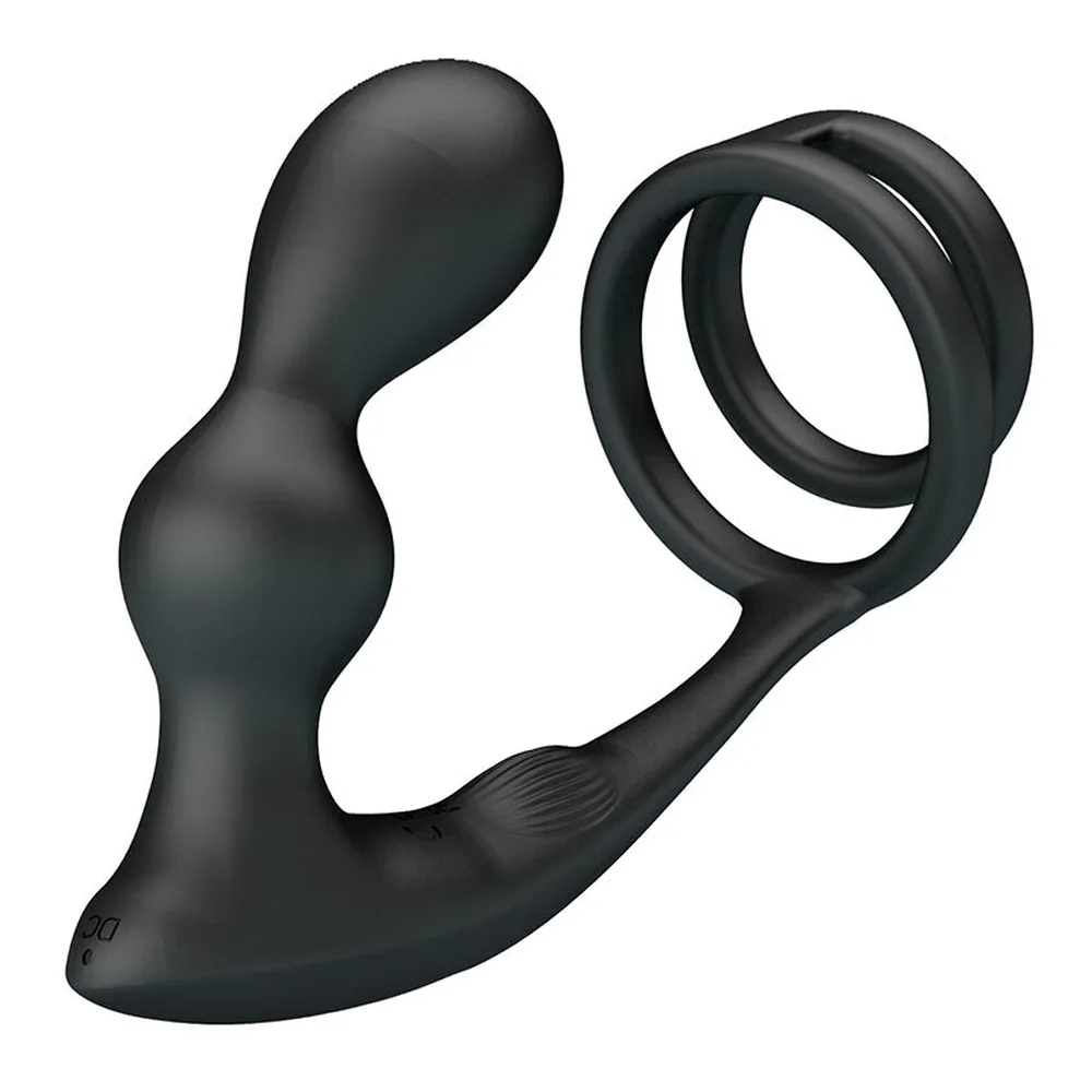 Plug anal noir avec double anneau à la base et télécommande noire sans fil sur fond blanc