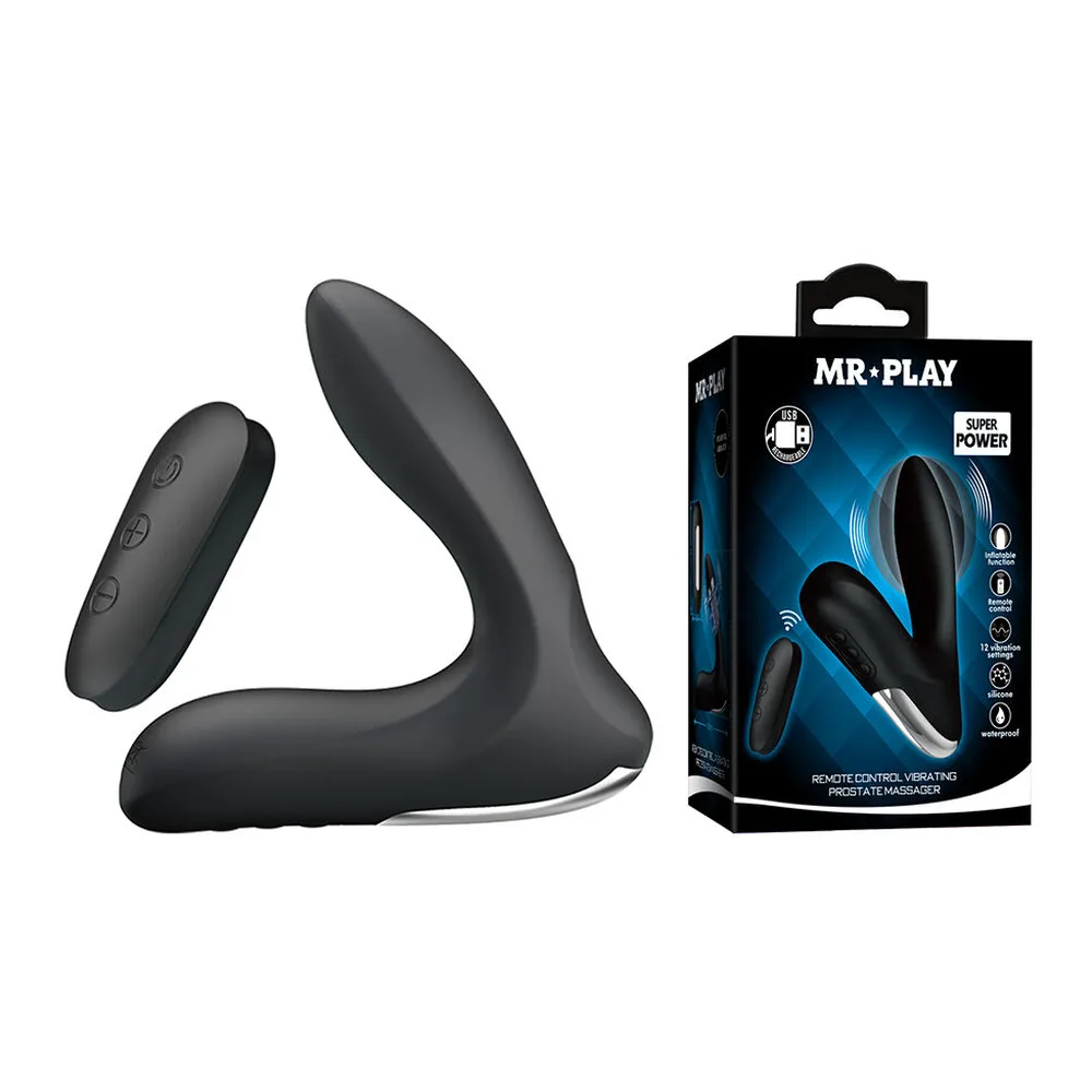 Masseur de prostate gonflable noir en silicone avec télécommande sans fil, et son emballage MR.PLAY affichant les caractéristiques du produit sur fond blanc