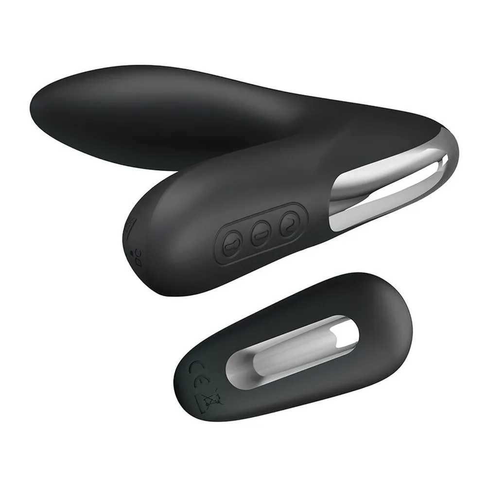 Masseur de prostate gonflable noir en silicone avec télécommande sans fil, et son emballage MR.PLAY affichant les caractéristiques du produit sur fond blanc