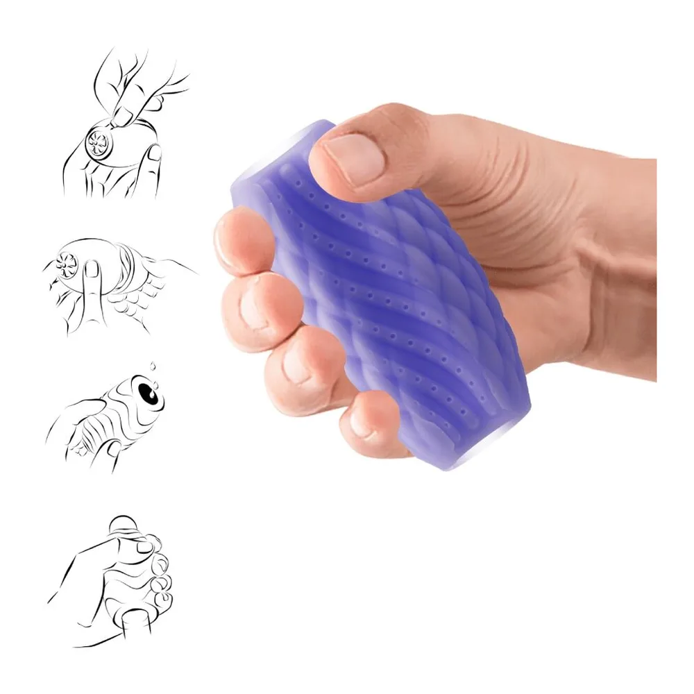 Manchon de silicone violet clair avec surface quilted, forme ovoïde arrondie, deux ouvertures visibles