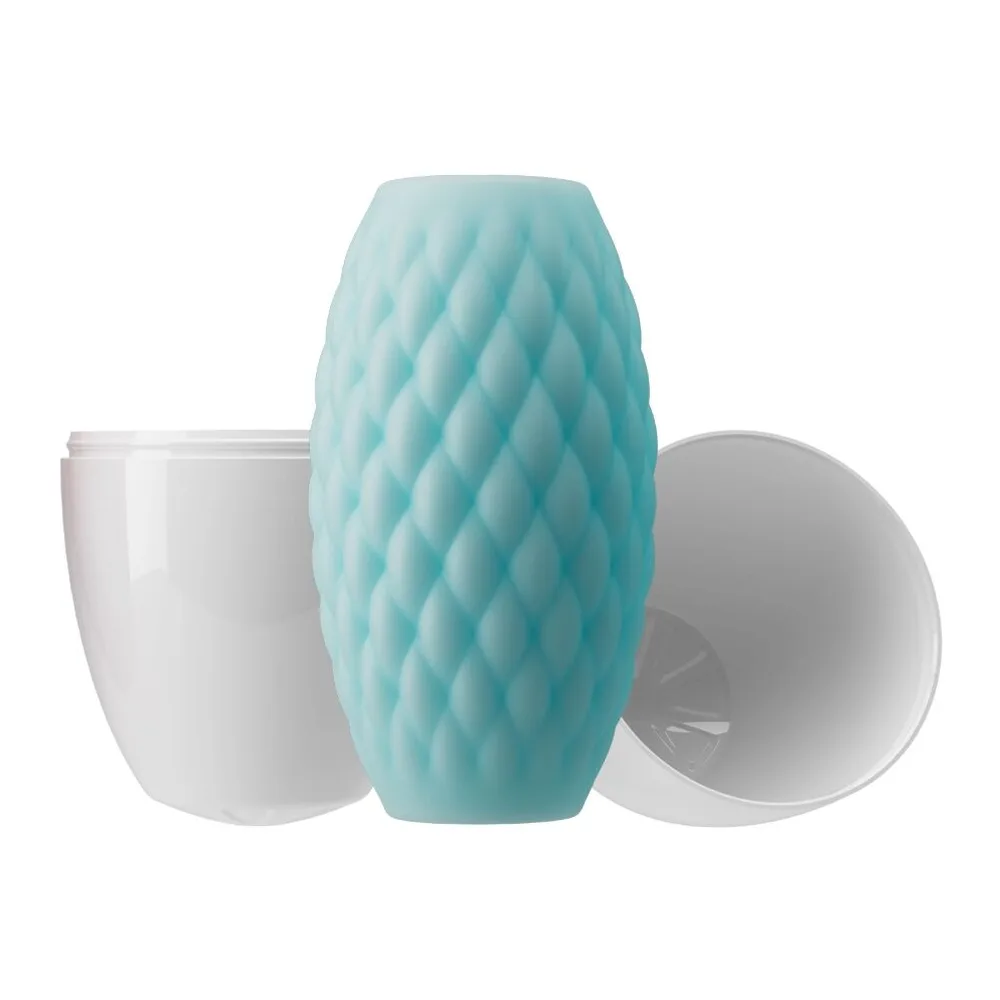 Manchon de silicone violet clair avec surface quilted, forme ovoïde arrondie, deux ouvertures visibles