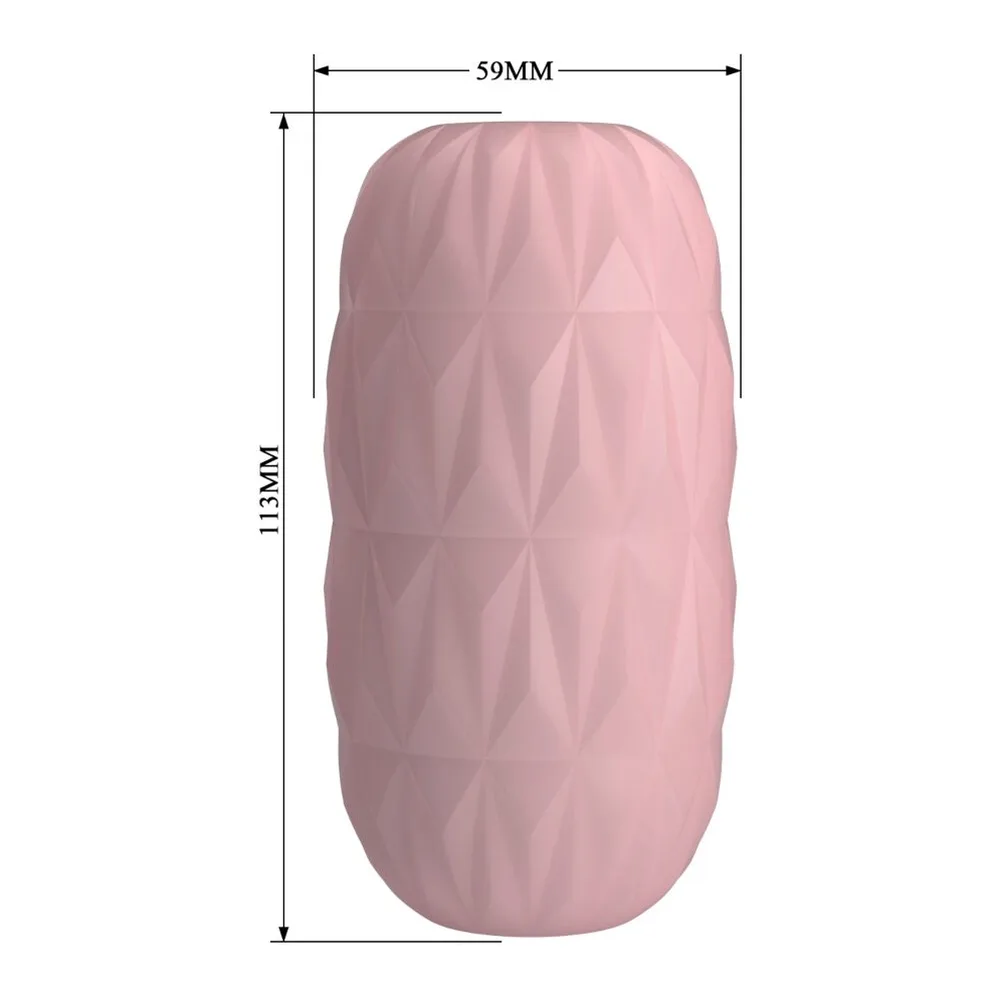 Schéma de dimensions du masturbateur Athena rose poudré, capsule ovale texturée, hauteur 113 mm, largeur 59 mm