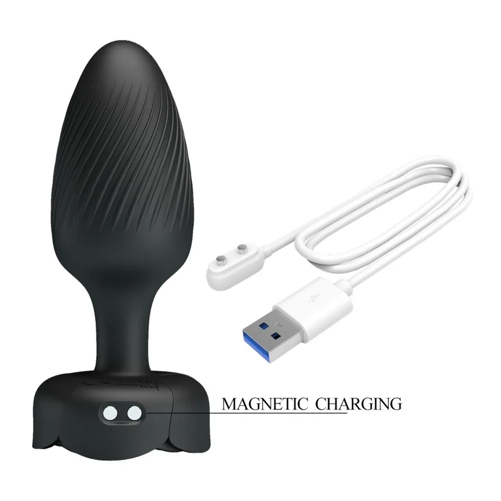 Schéma de dimensions d'un plug anal en silicone noir avec tête ovale côtelée, tige fine et base évasée, montrant 98 mm de hauteur totale, 55 mm pour la tête et 34 mm de largeur