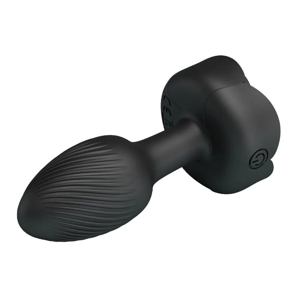 Plug anal noir en silicone avec tête ovoïde striée, base élargie et bouton ON/OFF de commande des vibrations visibles sur fond blanc