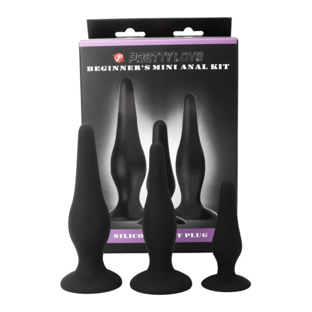 Trois plugs anaux en silicone noir avec ventouse, présentés côte à côte du plus grand au plus petit sur fond blanc