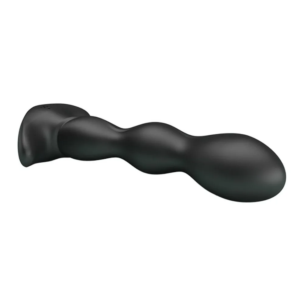 Stimulateur de prostate noir en silicone avec tige perlée ondulée et base en forme d'ailerons, sur fond blanc