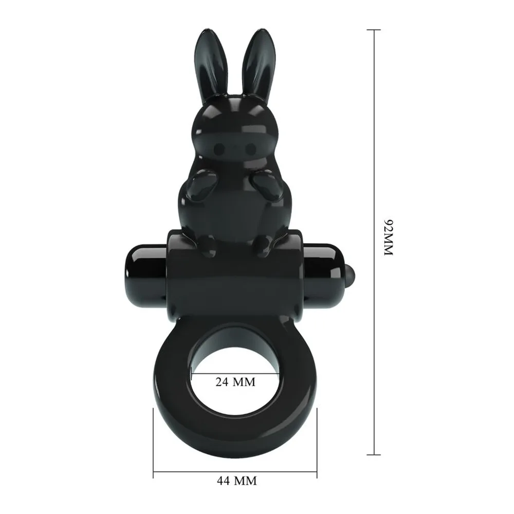 Cockring noir en TPR avec tête de lapin stylisée et deux protubérances latérales, schéma de dimensions indiquant 44 mm de largeur, 24 mm de diamètre central et 22 mm de hauteur