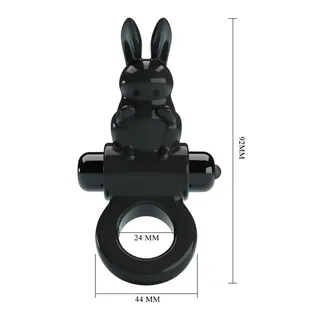 Cockring noir en TPR avec tête de lapin stylisée et deux protubérances latérales, schéma de dimensions indiquant 44 mm de largeur, 24 mm de diamètre central et 22 mm de hauteur