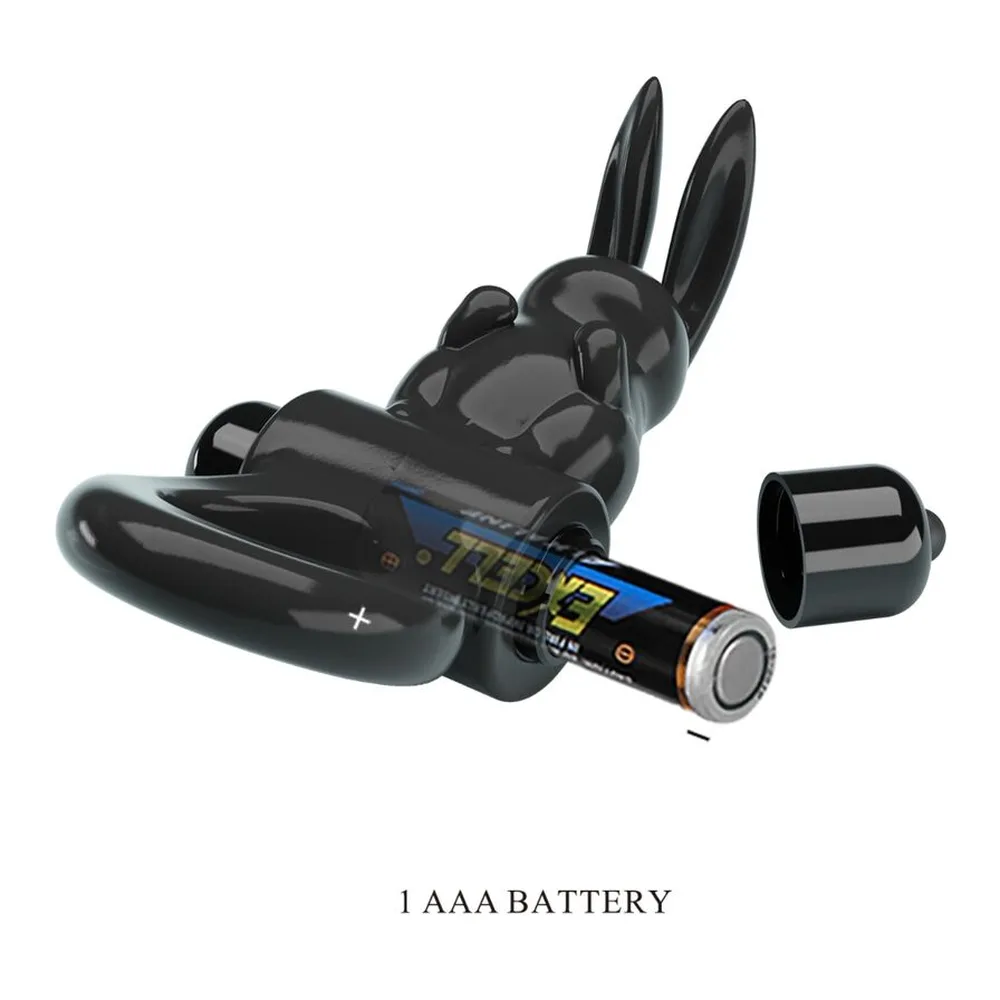 Cockring noir en TPR avec tête de lapin stylisée et deux protubérances latérales, schéma de dimensions indiquant 44 mm de largeur, 24 mm de diamètre central et 22 mm de hauteur