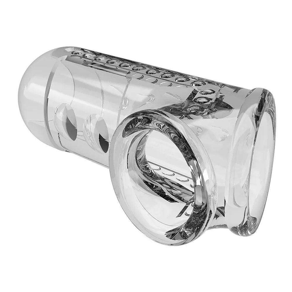 Gaine pénienne transparente en TPE avec textures en relief sur les parois et base en silicone, poignées noires sur les côtés, sur fond blanc