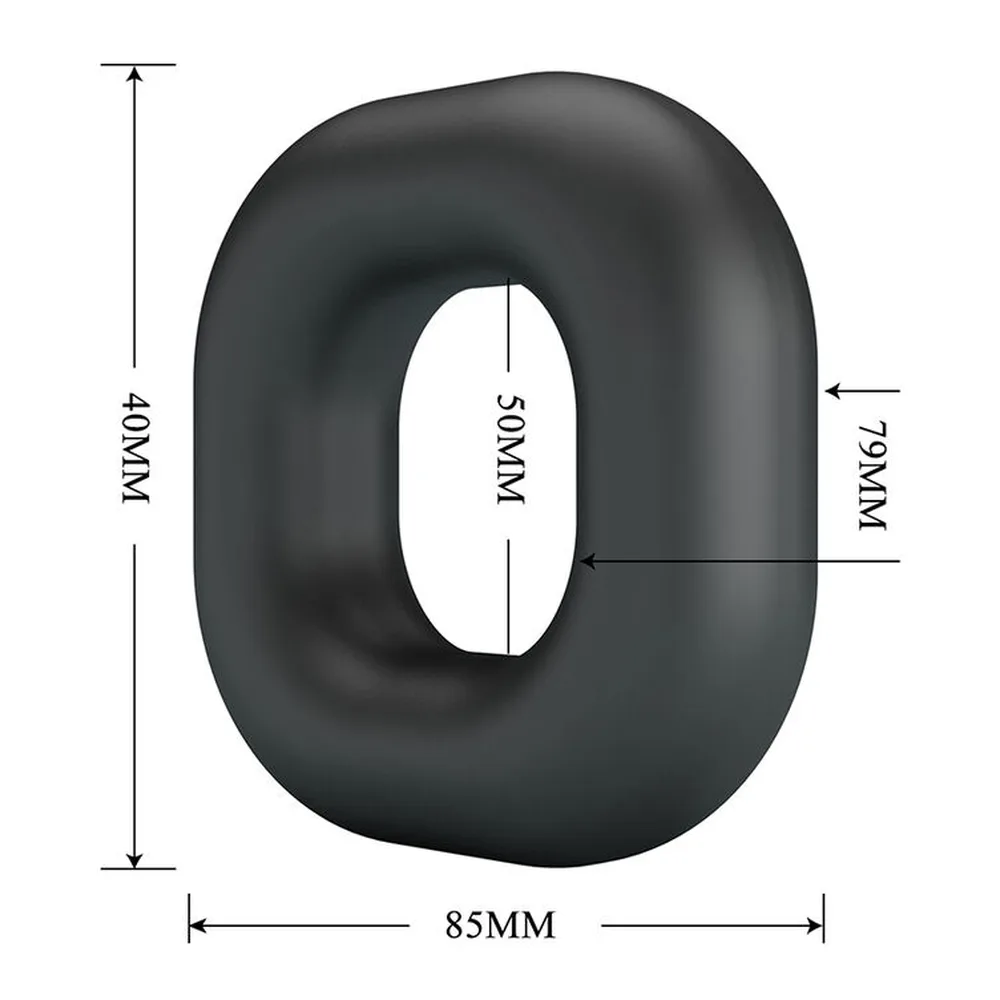 Schéma de dimensions d'un anneau en silicone noir, vue de face montrant l'ouverture ovale et les mesures: 40mm de hauteur, 85mm de largeur, 50mm d'ouverture intérieure et 79mm d'épaisseur