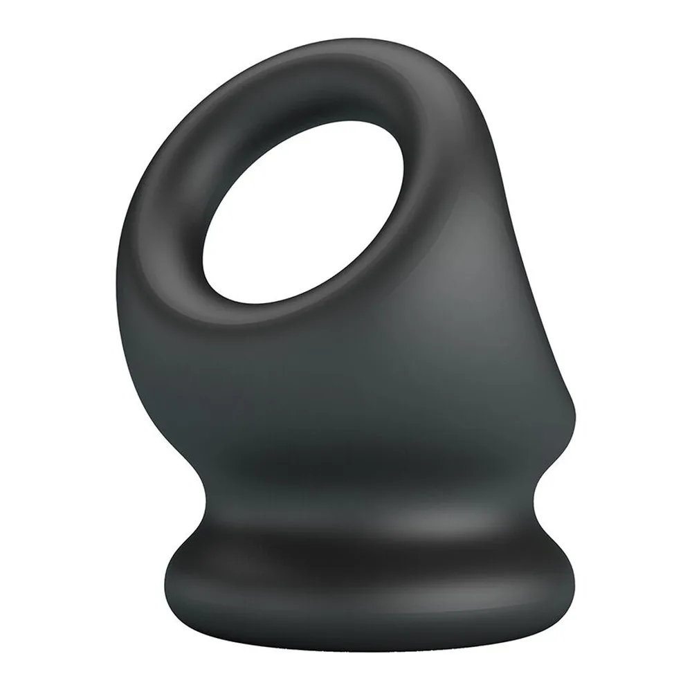Anneau pénien en silicone noir épais avec poche intégrée pour les testicules, vue en perspective sur fond blanc