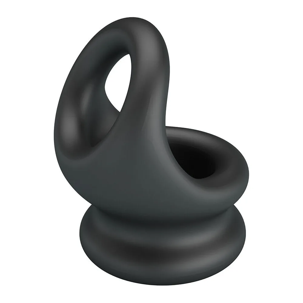 Anneau pénien en silicone noir épais avec poche intégrée pour les testicules, vue en perspective sur fond blanc