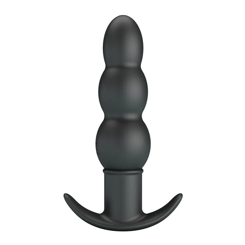 Plug anal noir en silicone avec trois bulbes étagés et base en forme d'ancre, sur fond blanc