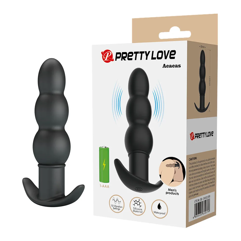 Plug anal noir en silicone avec trois bulbes étagés et base en forme d'ancre, sur fond blanc