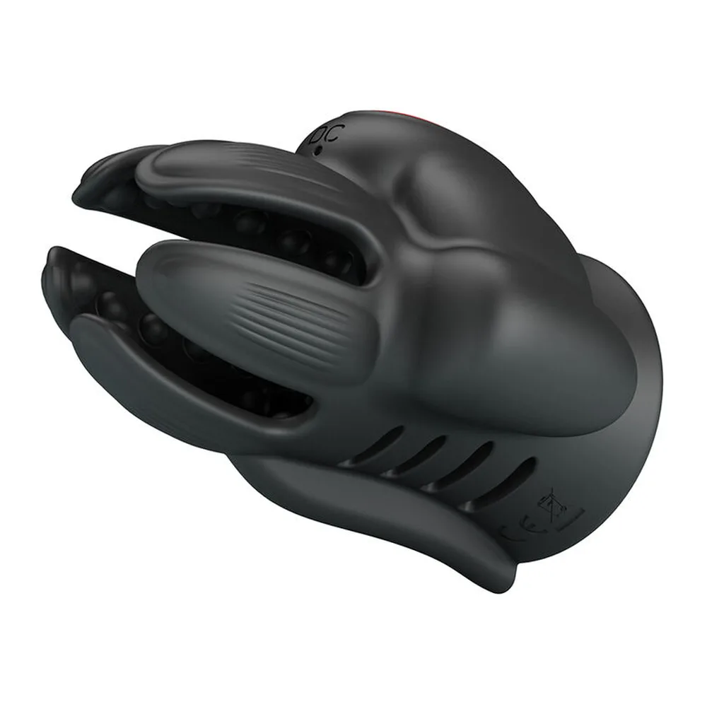 Masturbateur automatique Wyatt en silicone noir et rouge avec bras souples, montré en emballage avec étiquetage Pretty Love et indicateurs de 10 modes et recharge USB