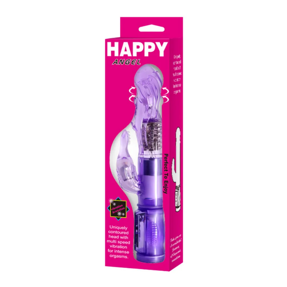 Emballage rose vif du vibromasseur rabbit Happy Angel Mini Rotateur, montrant le produit violet transparent avec tête rotative et stimulateur clitoridien en forme d'ailes