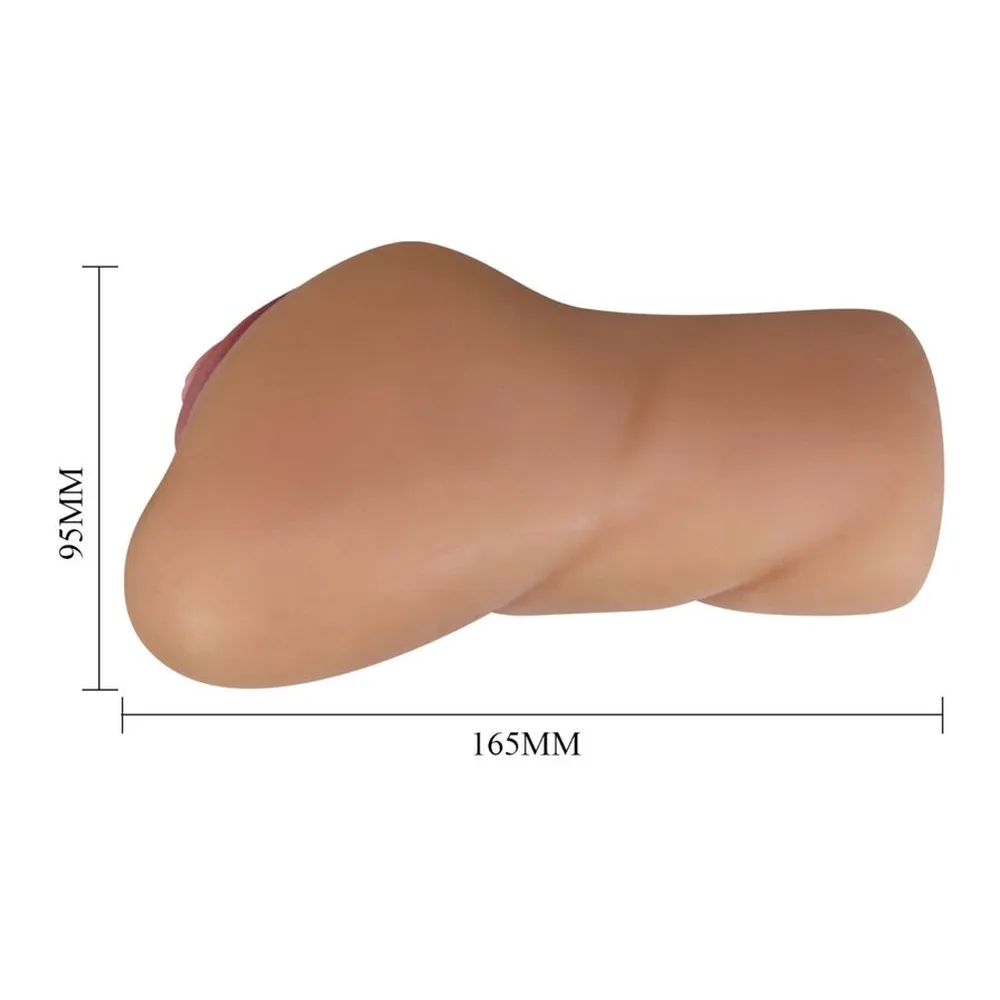 Schéma de dimensions d'un masturbateur double entrée en silicone couleur chair, montrant 95 mm de hauteur et 165 mm de longueur, avec surface lisse et dos plat