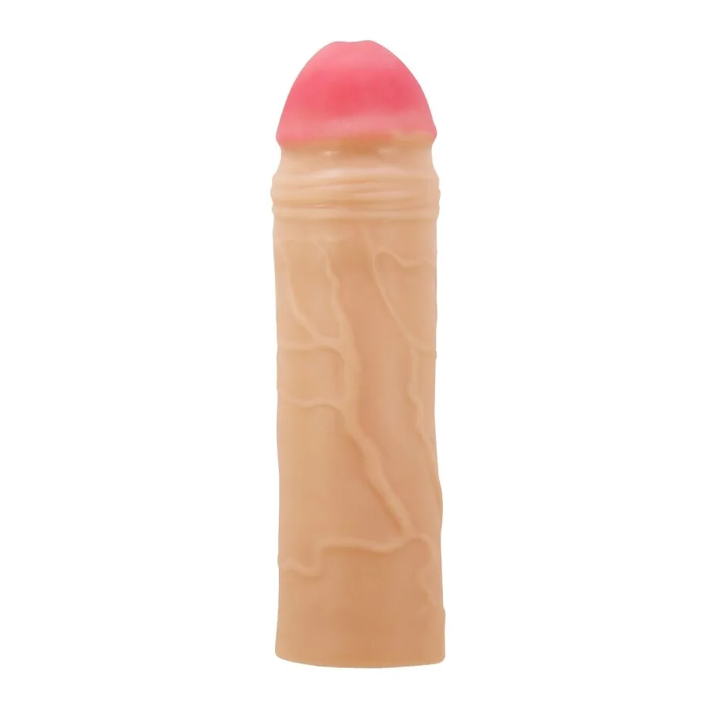 Gaine cylindrique en silicone beige clair avec dôme arrondi rose corail au sommet, sur fond blanc