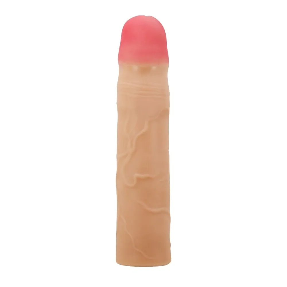 Gaine en silicone beige clair avec embout arrondi rose corail, extensible, sur fond blanc